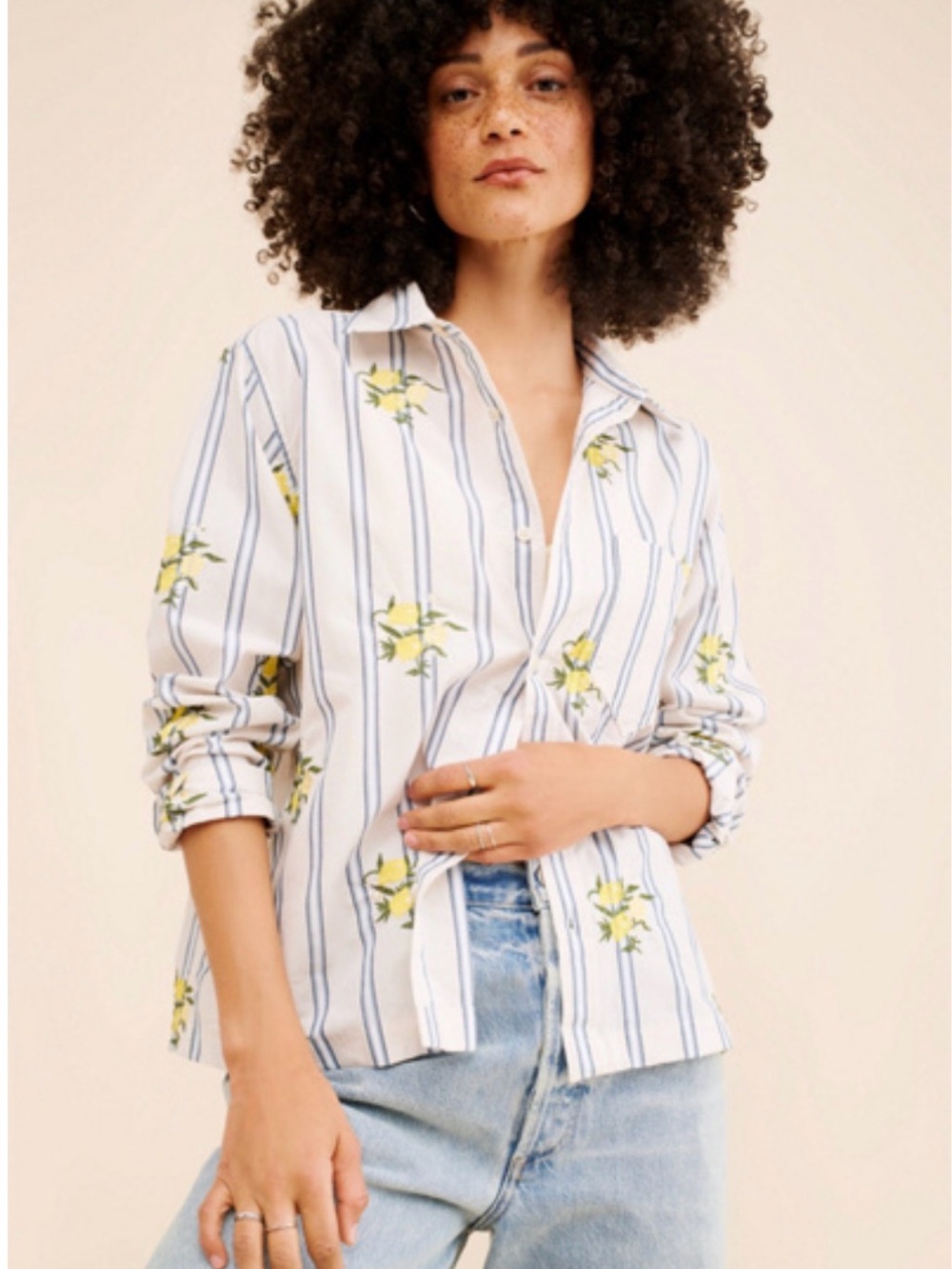 Striped Lemon embroidered Button-Up Shirt - White/Blue